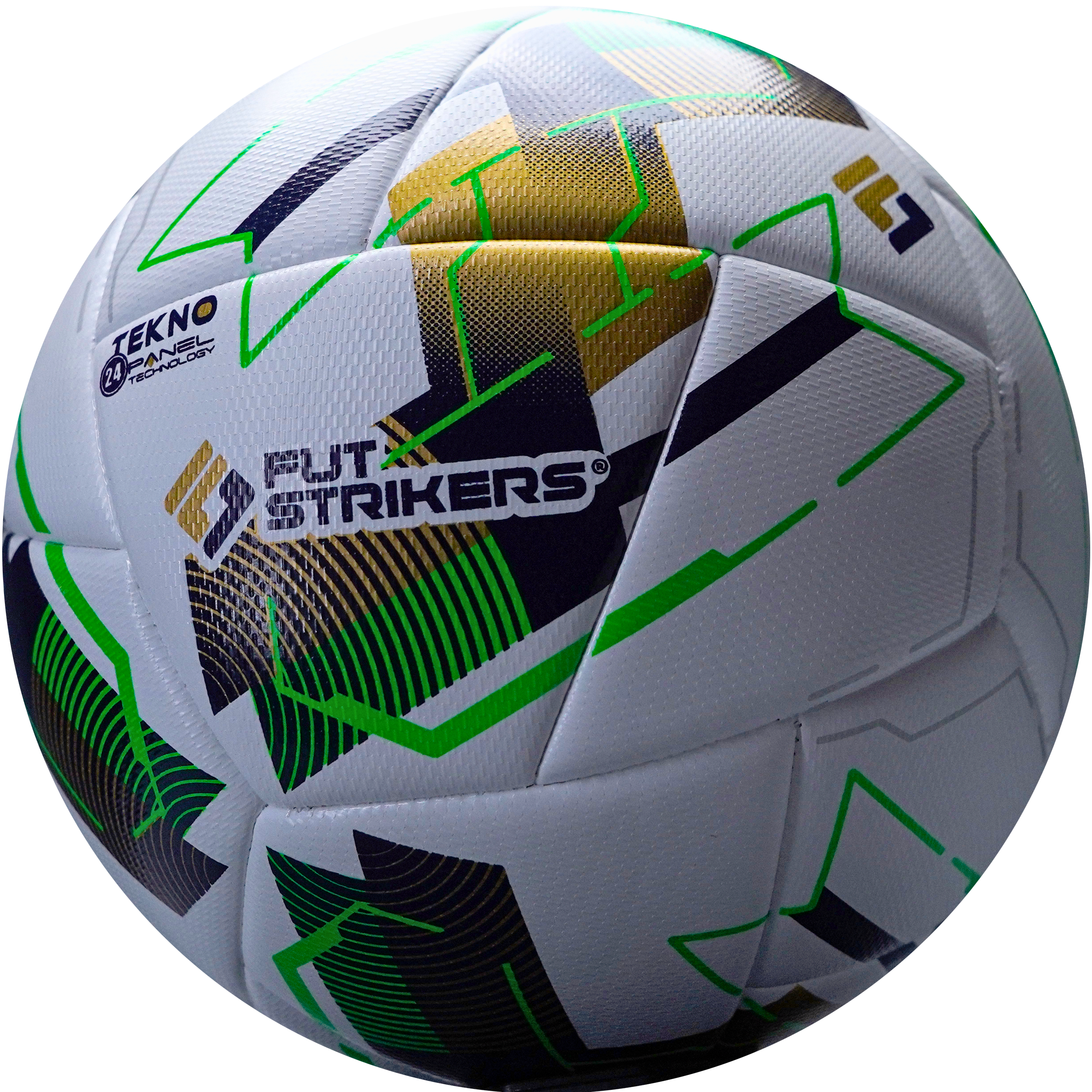 Soccer ball with geometric design and visible branding on a white background