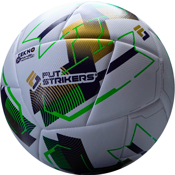 Soccer ball with geometric design and visible branding on a white background