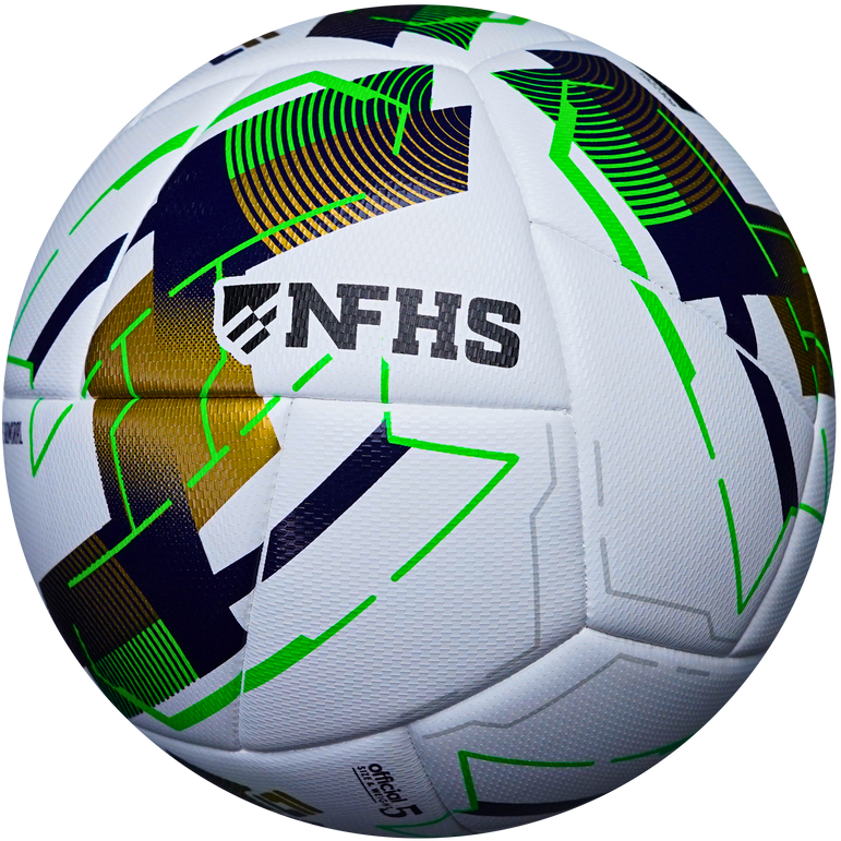 Soccer ball with colorful patterns and NFHS logo on a white background
