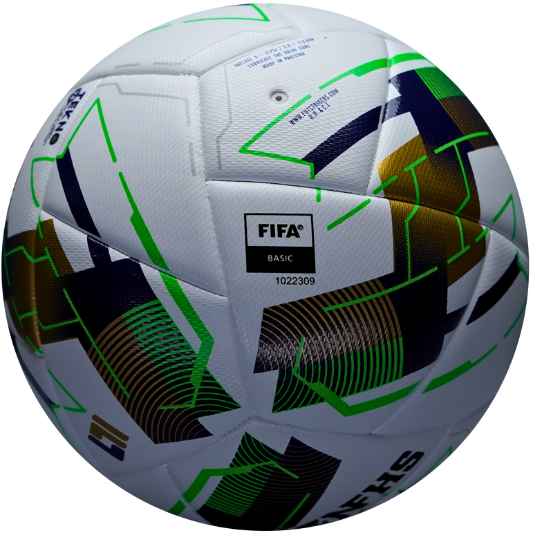 White soccer ball with green and black patterns on a white background