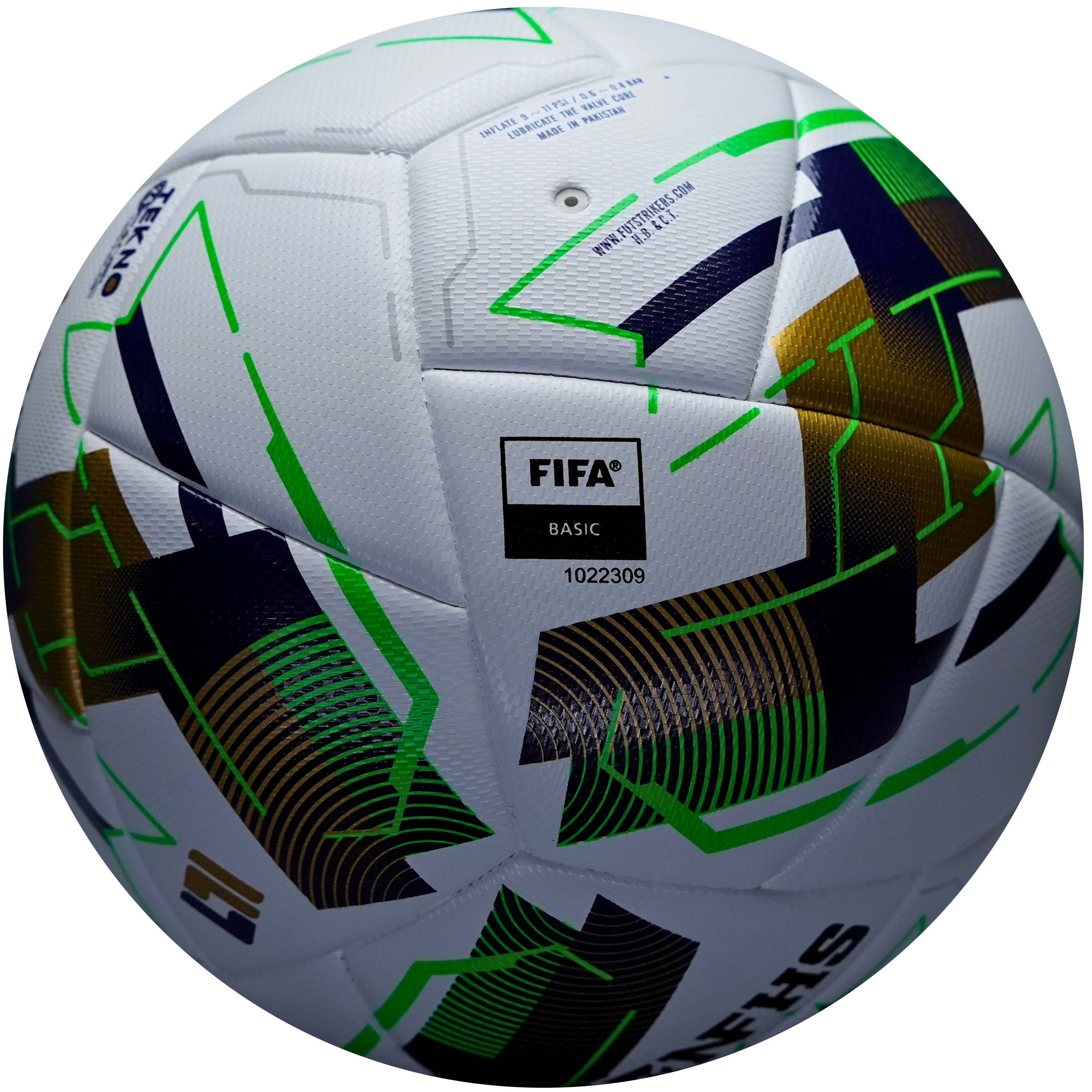 White soccer ball with green and black patterns on a white background