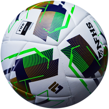 Colorful soccer ball with branding on a white background