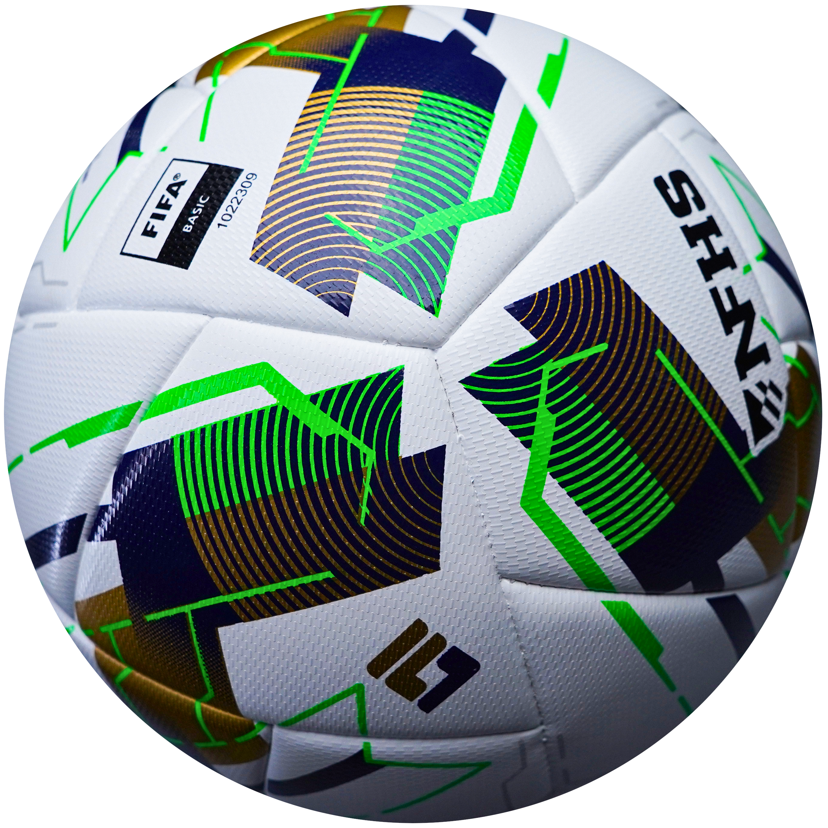 Colorful soccer ball with branding on a white background