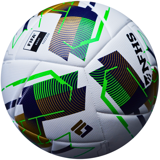Colorful soccer ball with branding on a white background