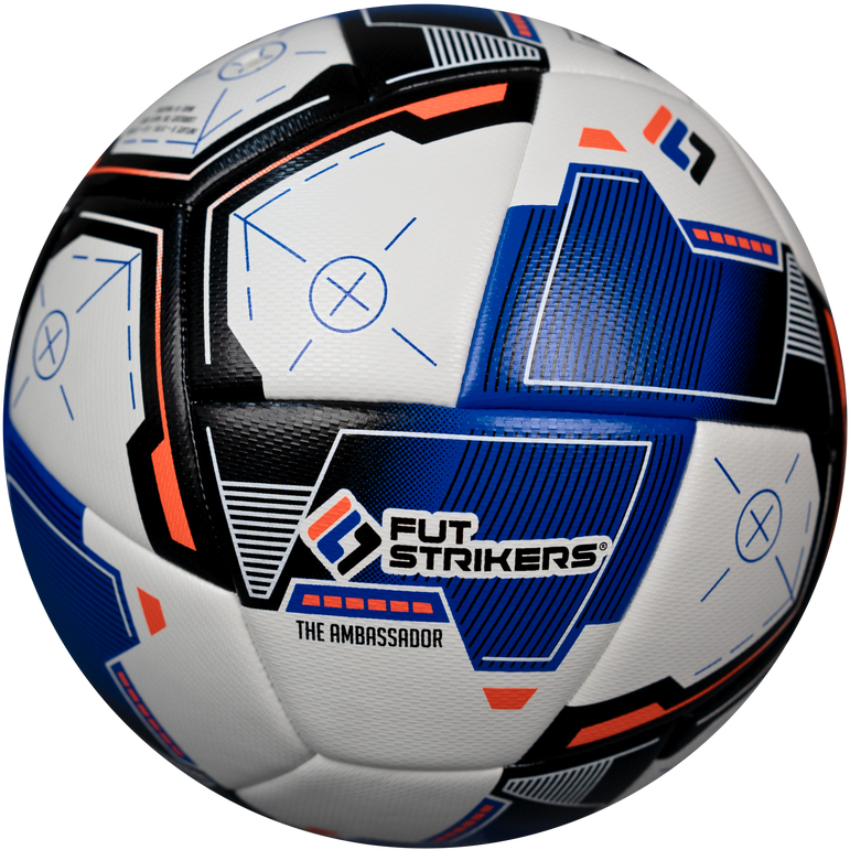 Soccer ball with blue, white, and black design on a white background