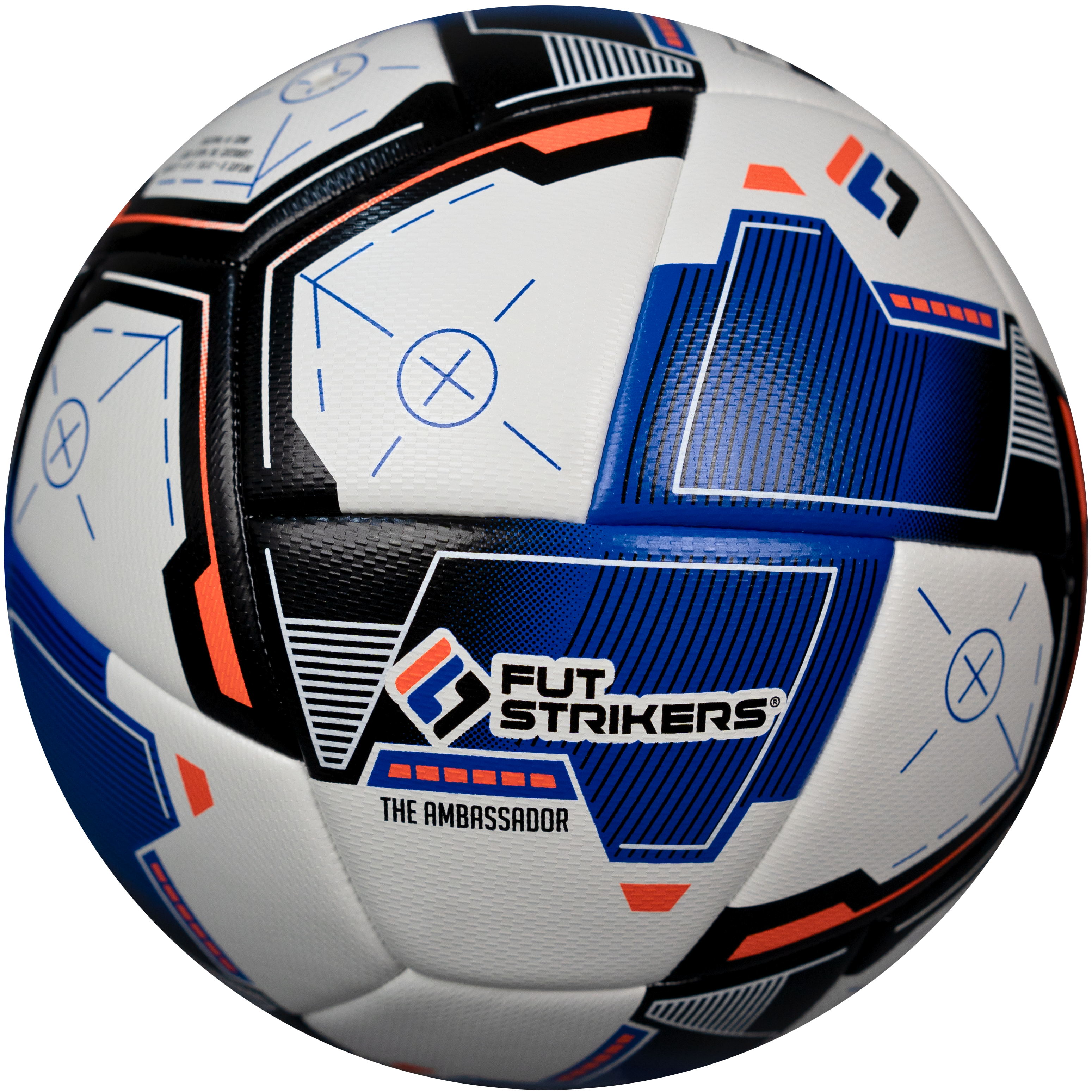 Soccer ball with blue, white, and black design on a white background