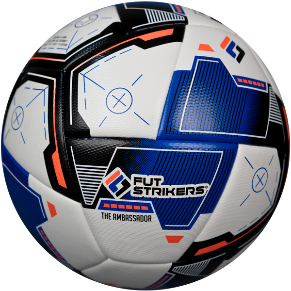 Soccer ball with blue, white, and black design on a white background