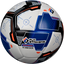 Soccer ball with blue, white, and black design on a white background