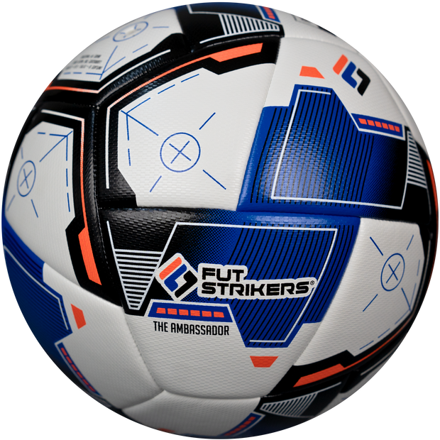 Soccer ball with blue, white, and black design on a white background