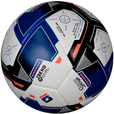 Soccer ball with blue, black, and white design on a white background