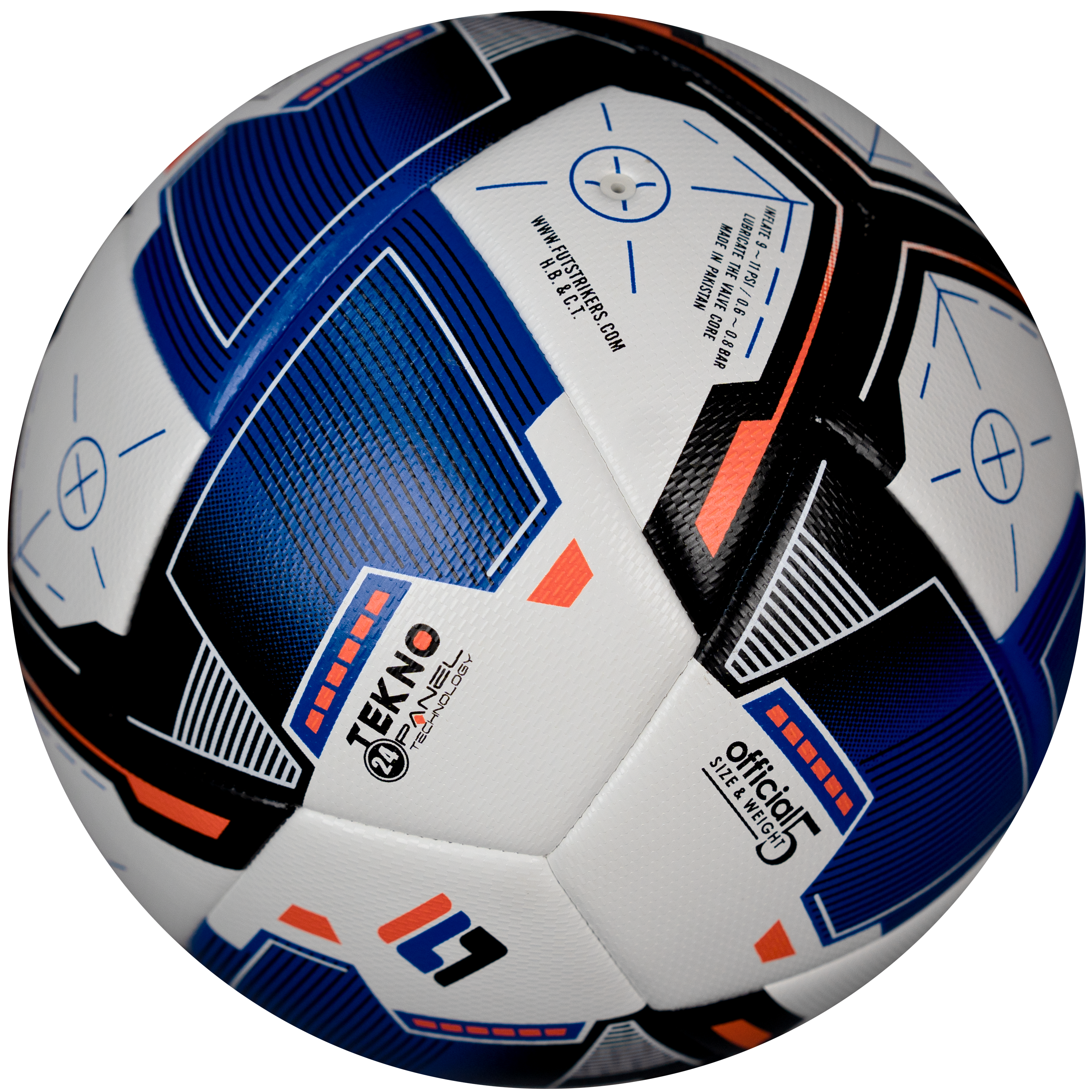 Soccer ball with blue, black, and white design on a white background