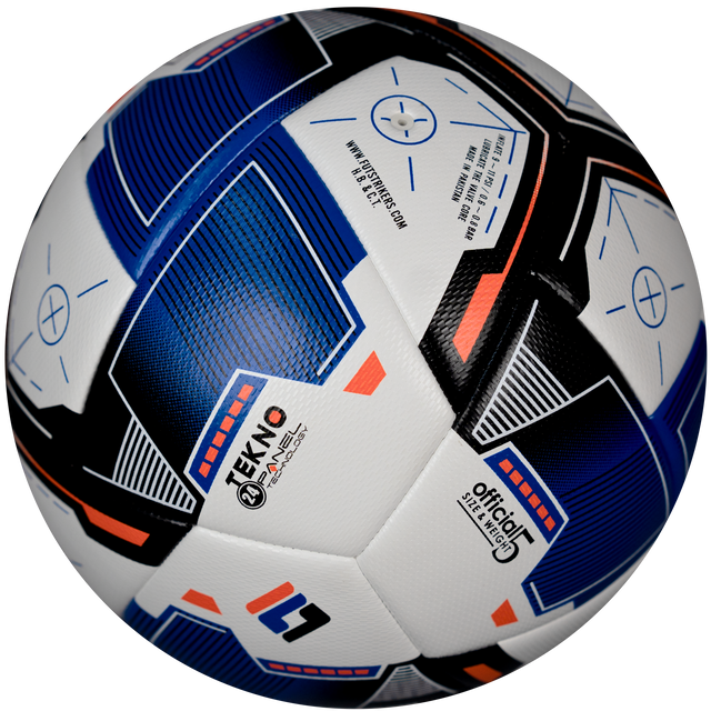 Soccer ball with blue, black, and white design on a white background