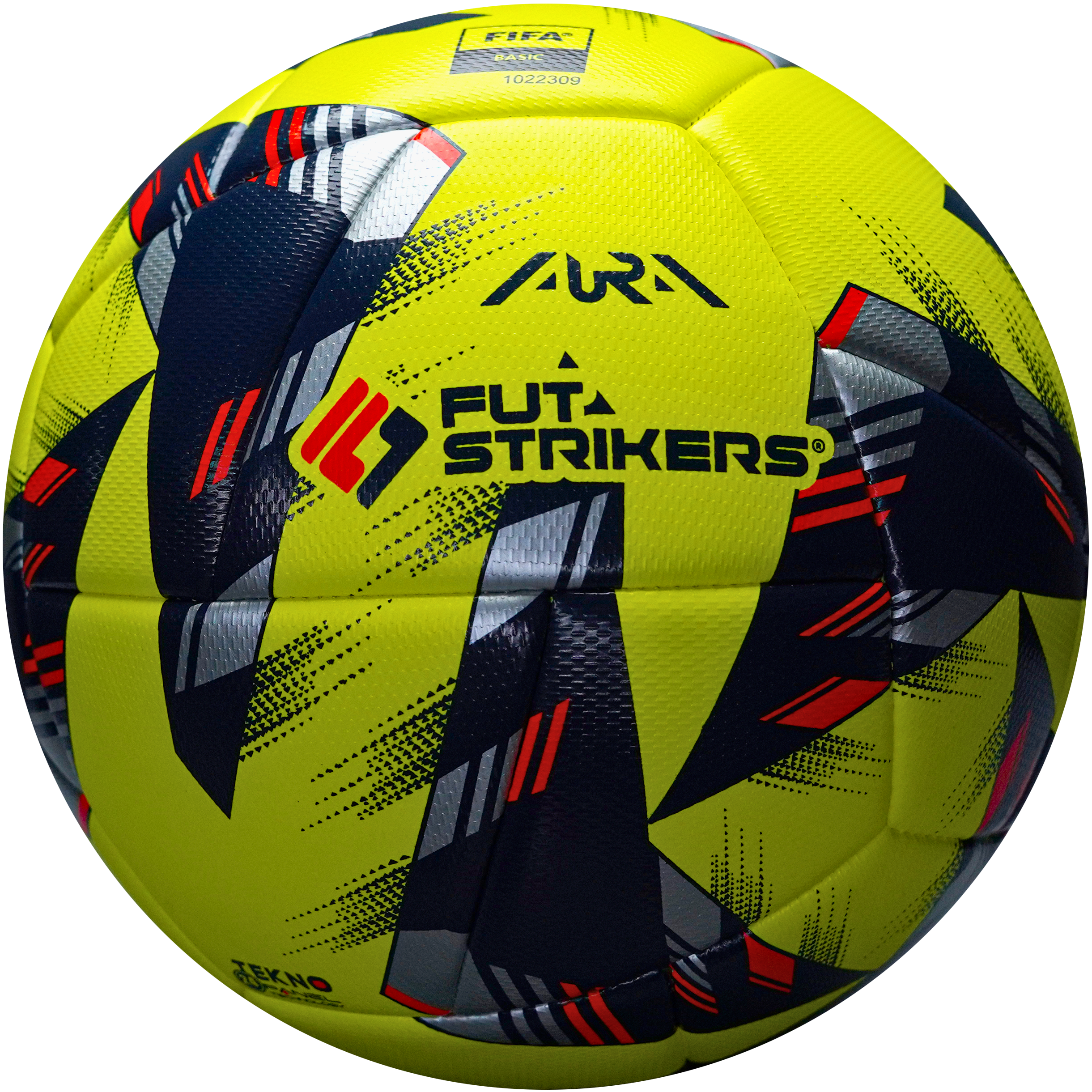Colorful soccer ball with 'FUTSTRIKERS' branding on a white background