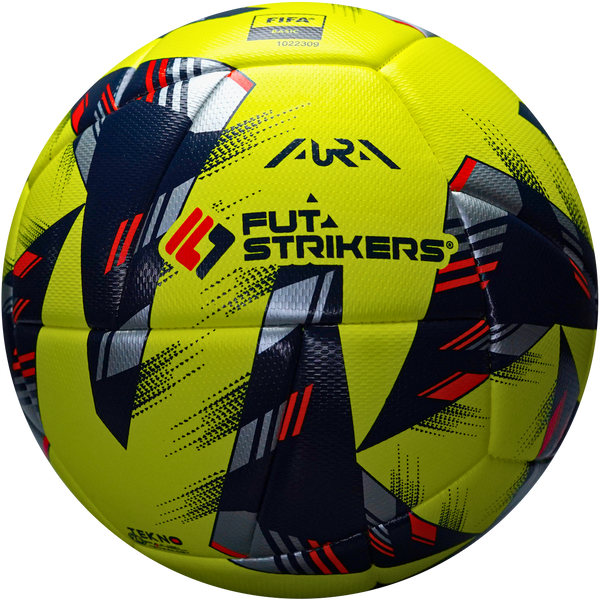 Colorful soccer ball with 'FUTSTRIKERS' branding on a white background