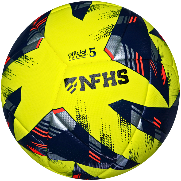 Yellow soccer ball with black and red patterns on a white background, featuring NFHS logo.