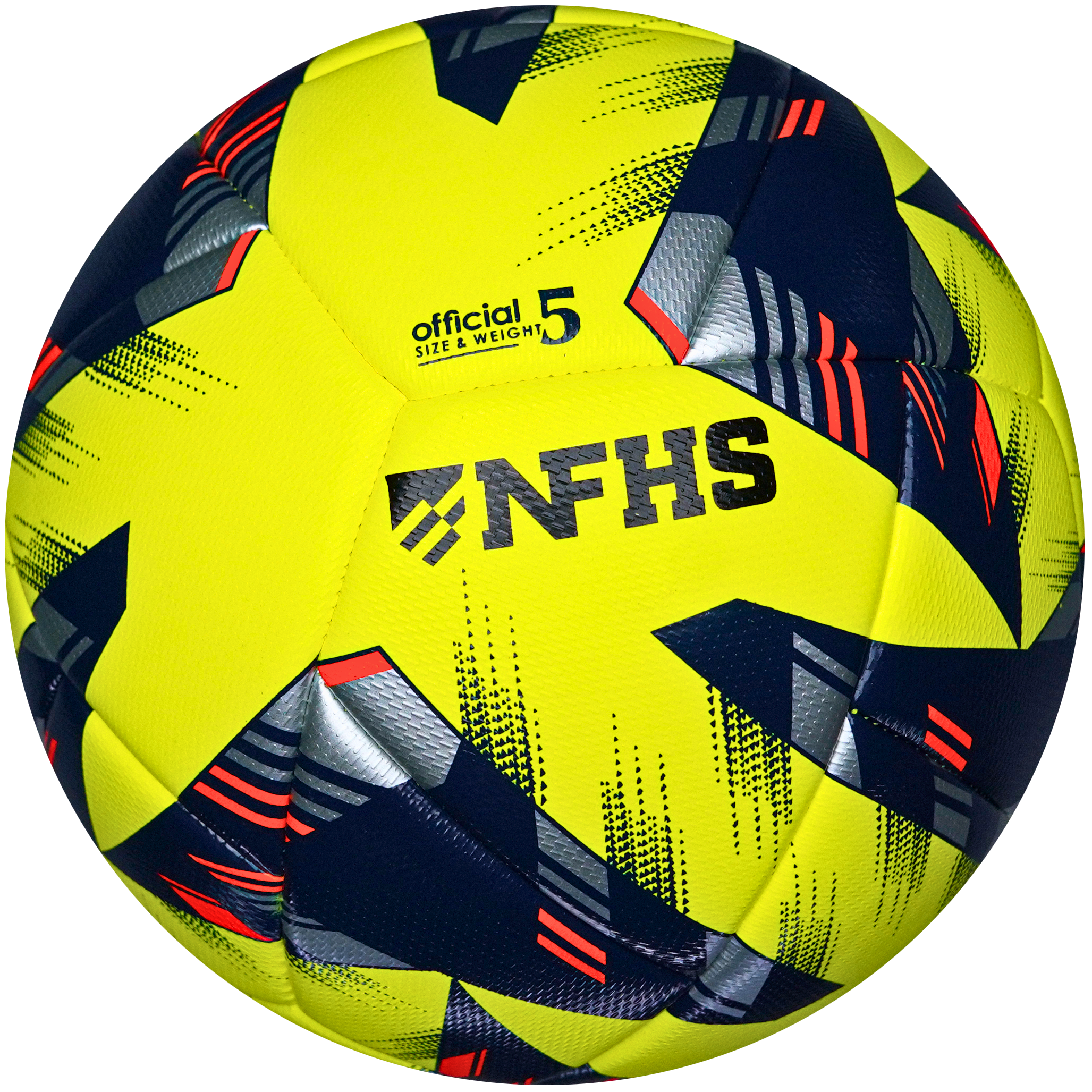 Yellow soccer ball with black and red patterns on a white background, featuring NFHS logo.