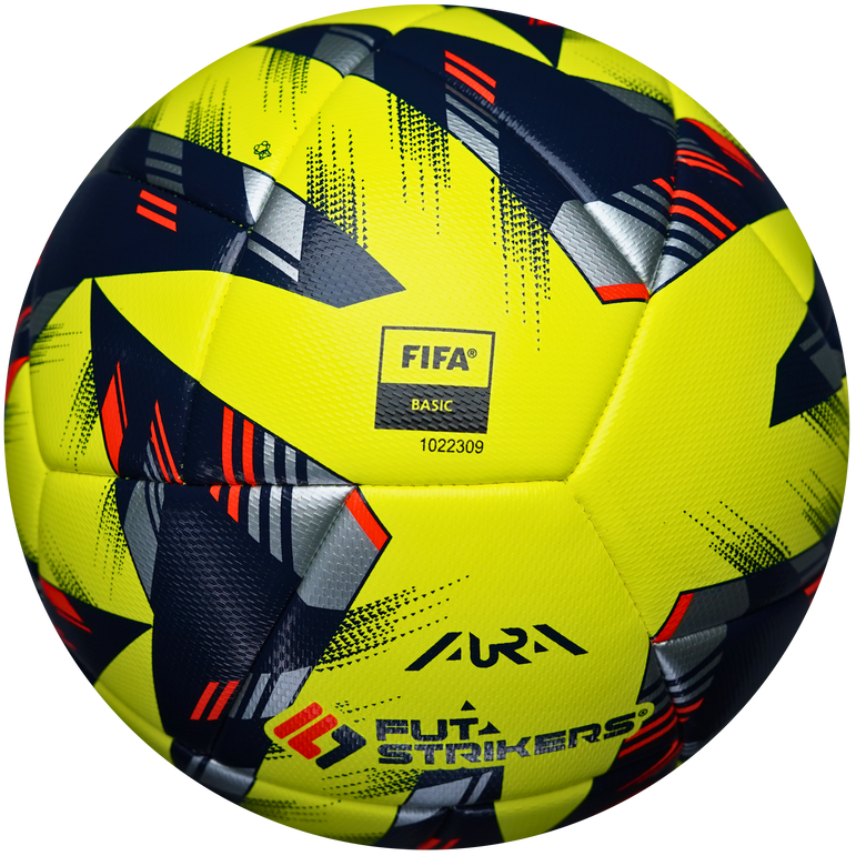 Yellow soccer ball with black, red, and gray patterns on a white background