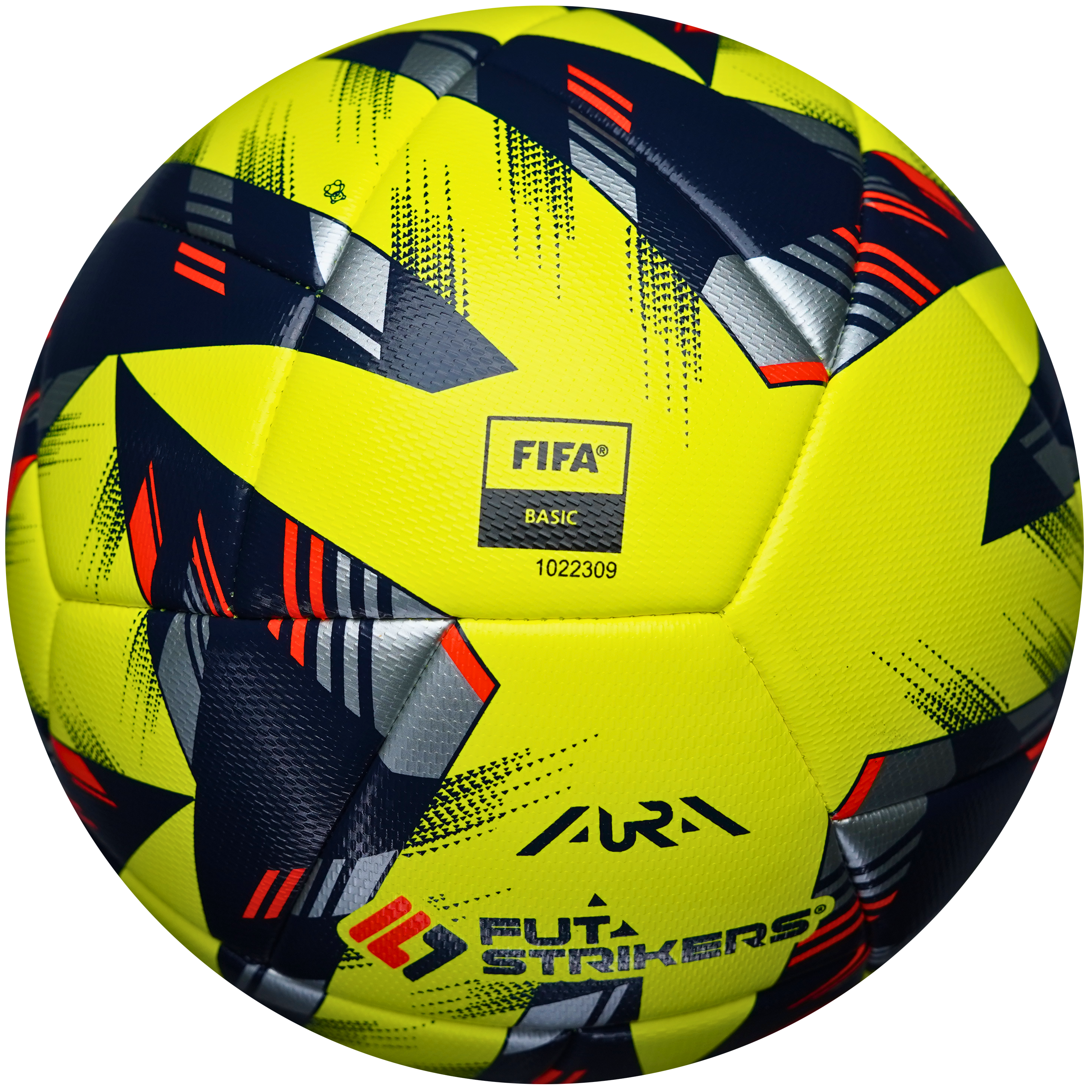 Yellow soccer ball with black, red, and gray patterns on a white background