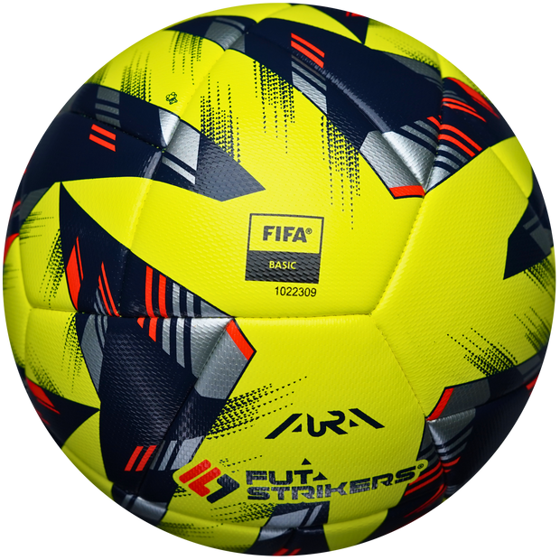 Yellow soccer ball with black, red, and gray patterns on a white background