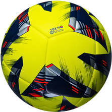 Yellow soccer ball with black and red patterns on a white background