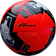 Red, black, and gray soccer ball with 'Fut Strikers' branding on a white background