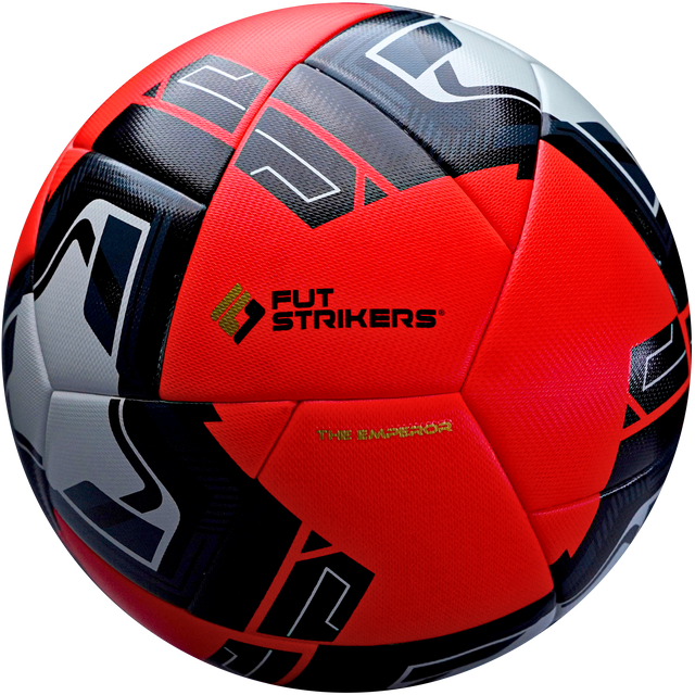 Red, black, and gray soccer ball with 'Fut Strikers' branding on a white background