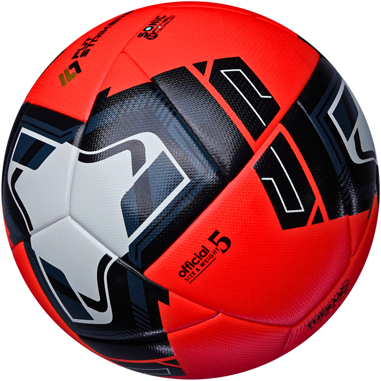 Red, black, and gray soccer ball with brand logo on a white background