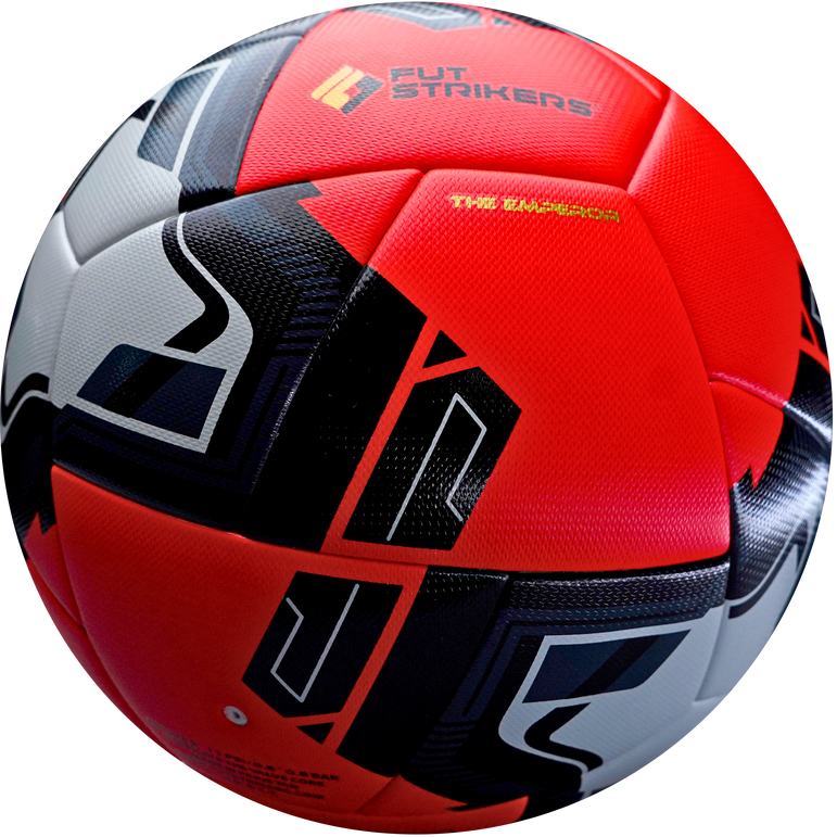 Multicolored soccer ball with 'Fut Strikers' branding on a white background