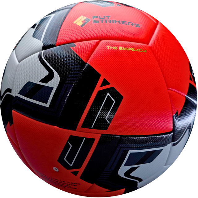 Multicolored soccer ball with 'Fut Strikers' branding on a white background
