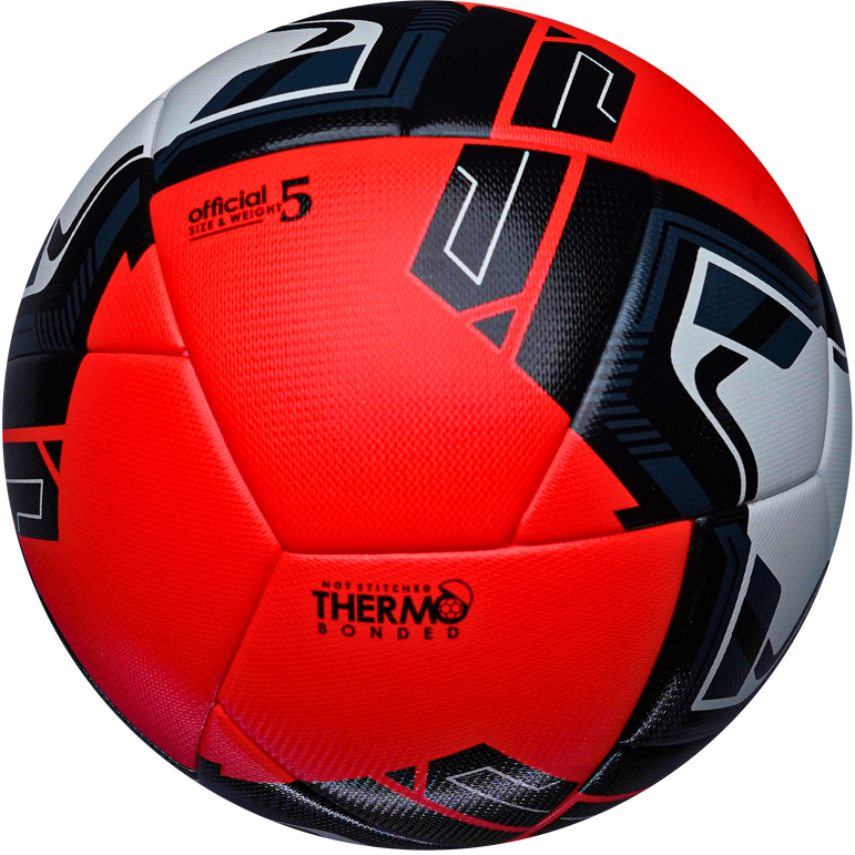 Red, black, and gray soccer ball with branding on a white background