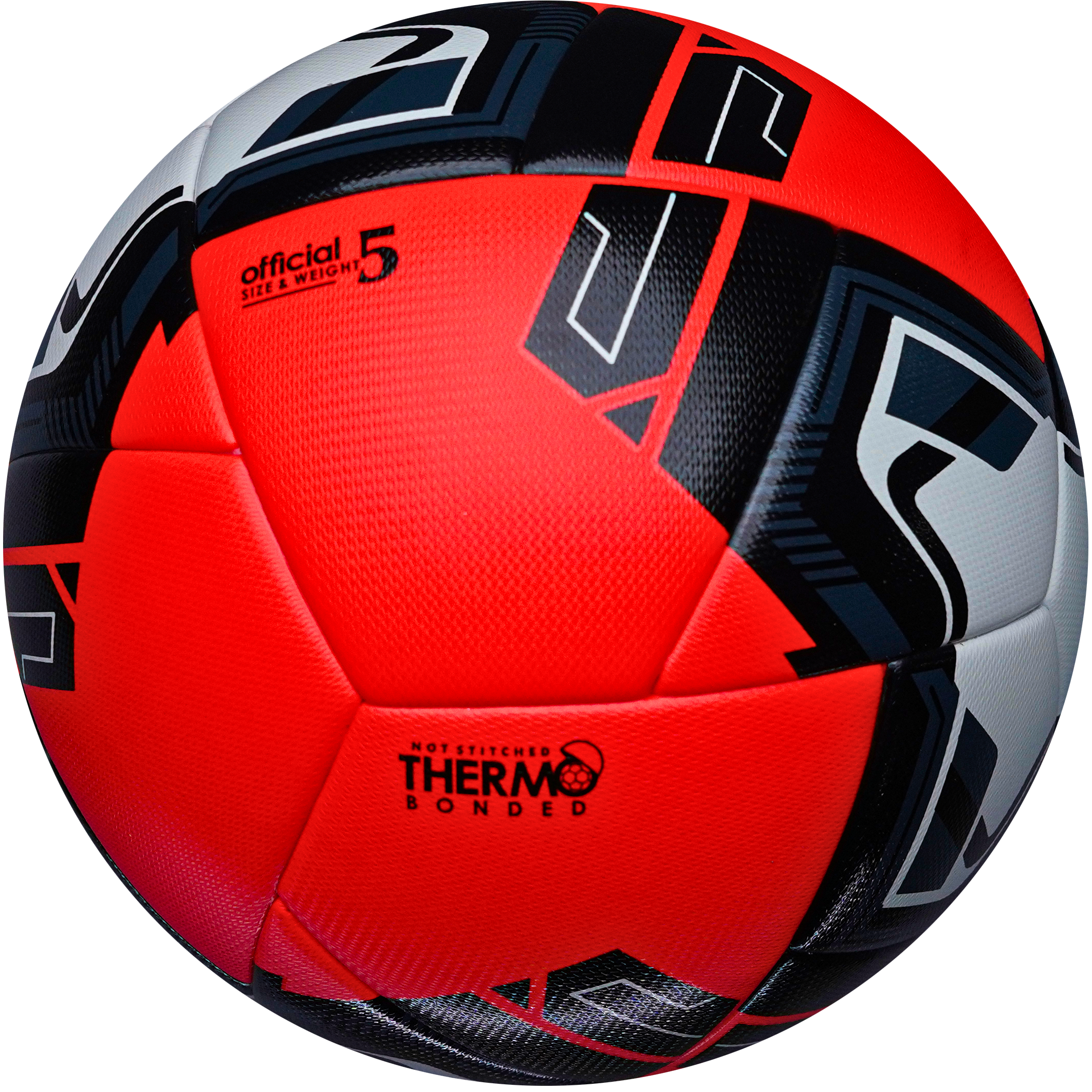 Red, black, and gray soccer ball with branding on a white background
