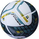 White soccer ball with blue and yellow patterns on a white background