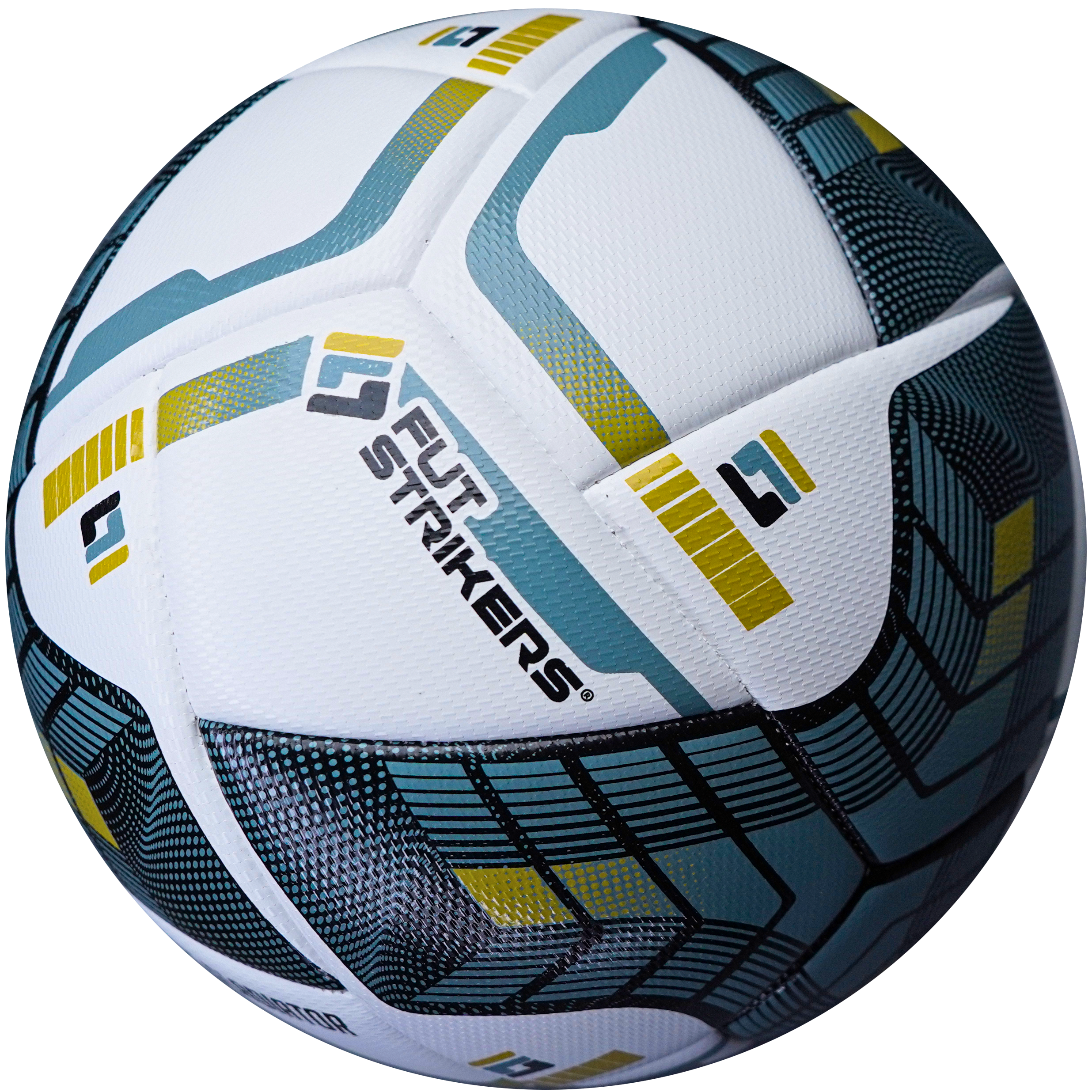 White soccer ball with blue and yellow patterns on a white background