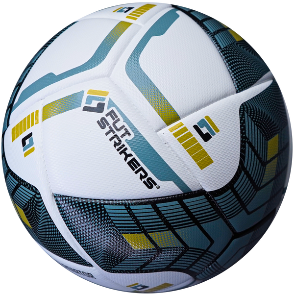 White soccer ball with blue and yellow patterns on a white background