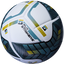 White soccer ball with blue and yellow patterns on a white background