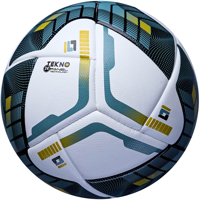 White soccer ball with blue and yellow accents on a white background