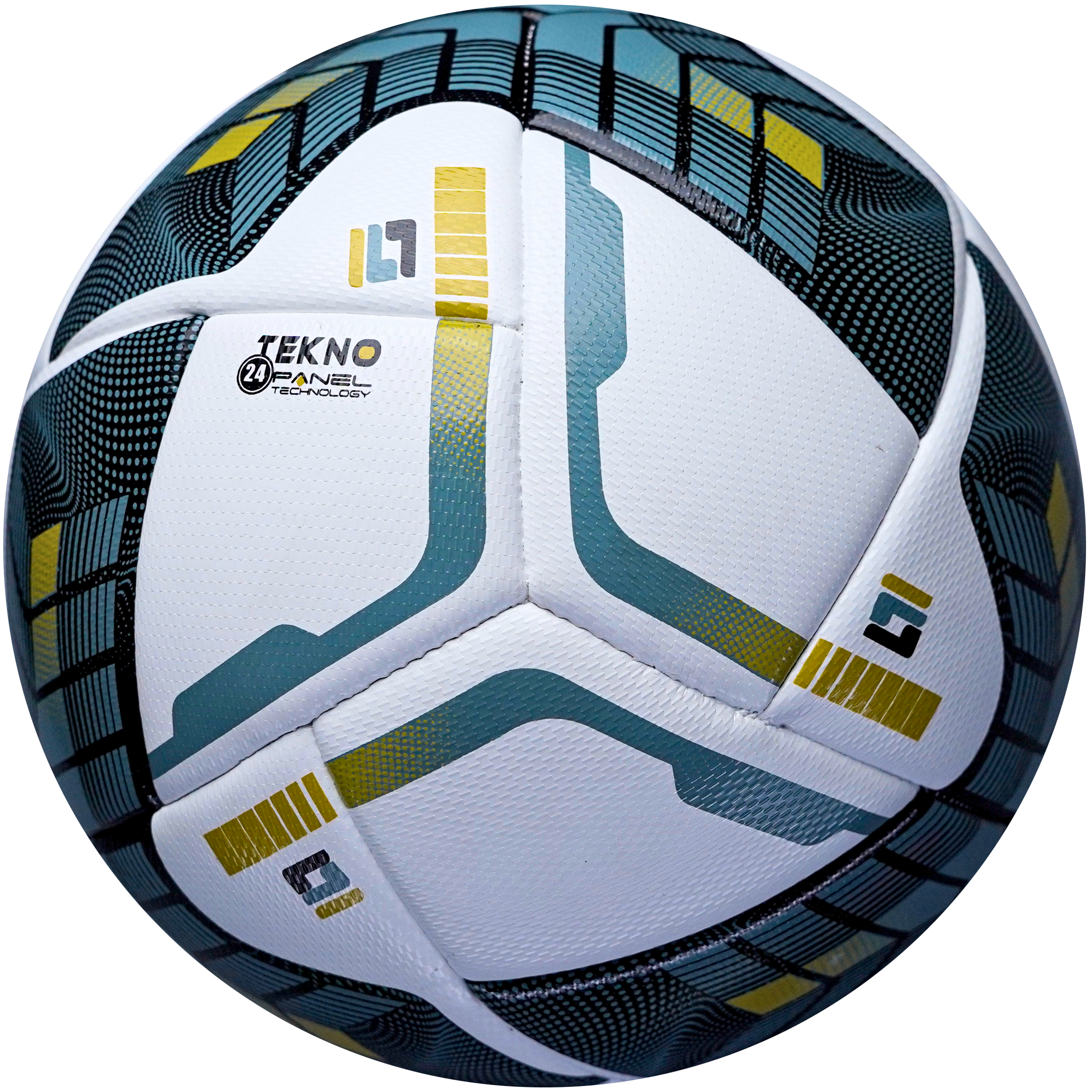 White soccer ball with blue and yellow accents on a white background