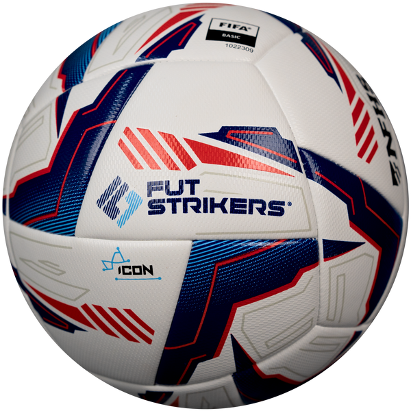 White soccer ball with blue and red patterns on a white background, featuring 'Fut Strikers' branding.