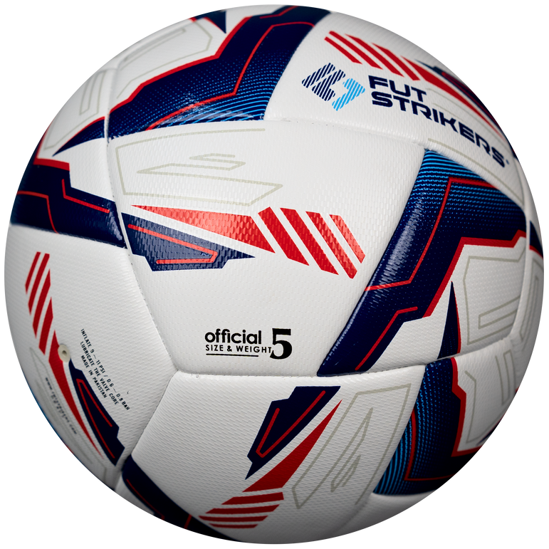 Soccer ball with red and blue patterns on a white background