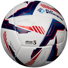 Soccer ball with red and blue patterns on a white background