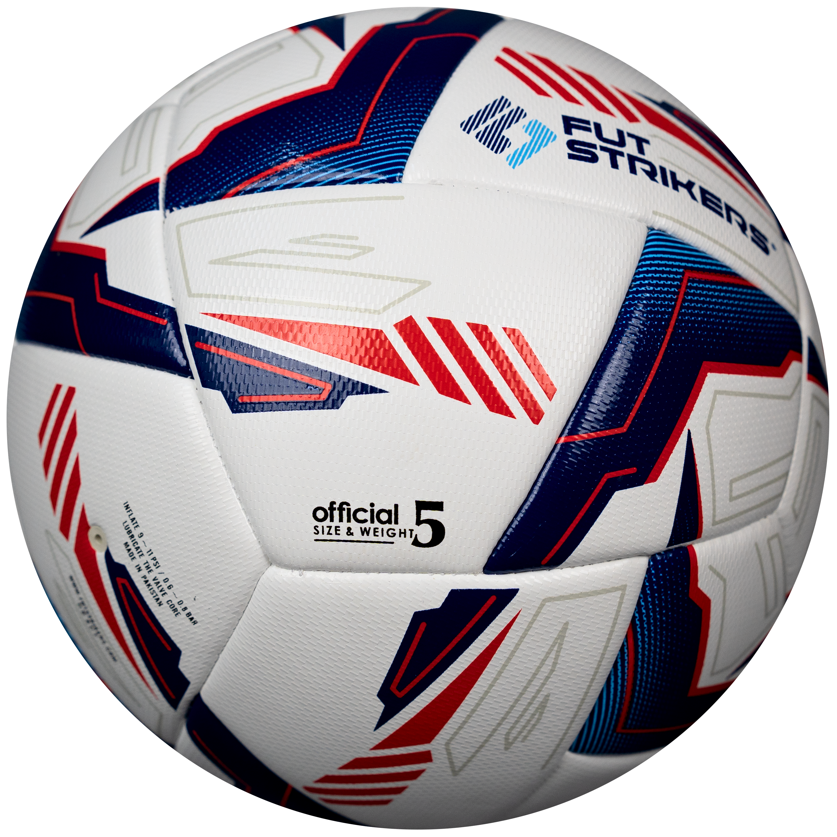 Soccer ball with red and blue patterns on a white background