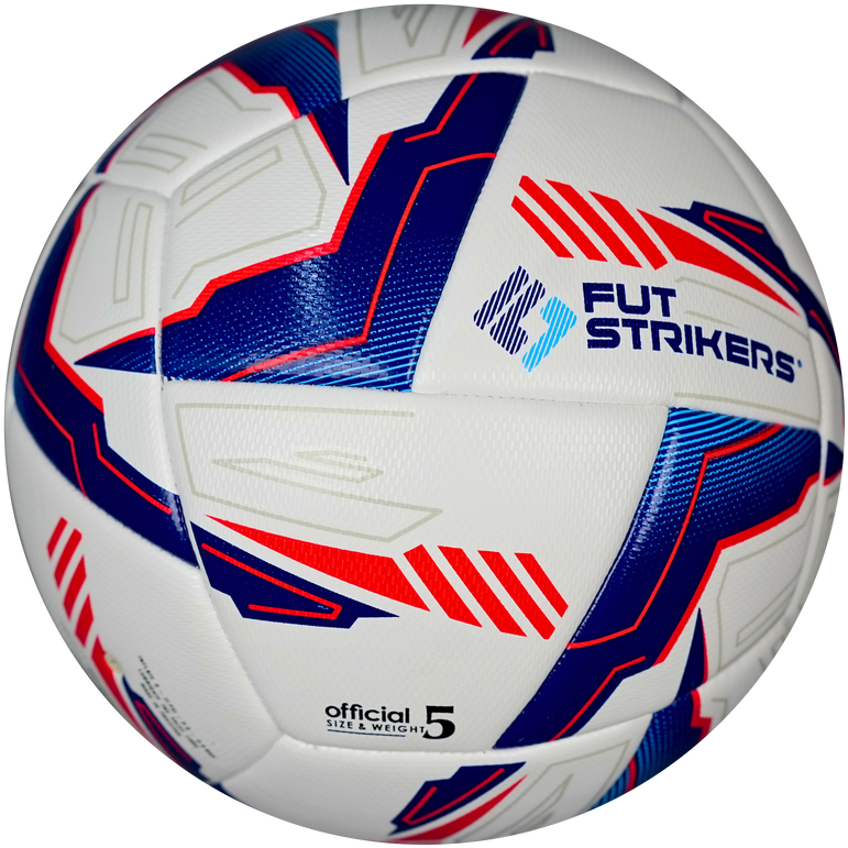 Soccer ball with blue and red patterns on a white background, branded 'Fut Strikers'.