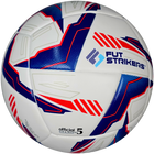 Soccer ball with blue and red patterns on a white background, branded 'Fut Strikers'.