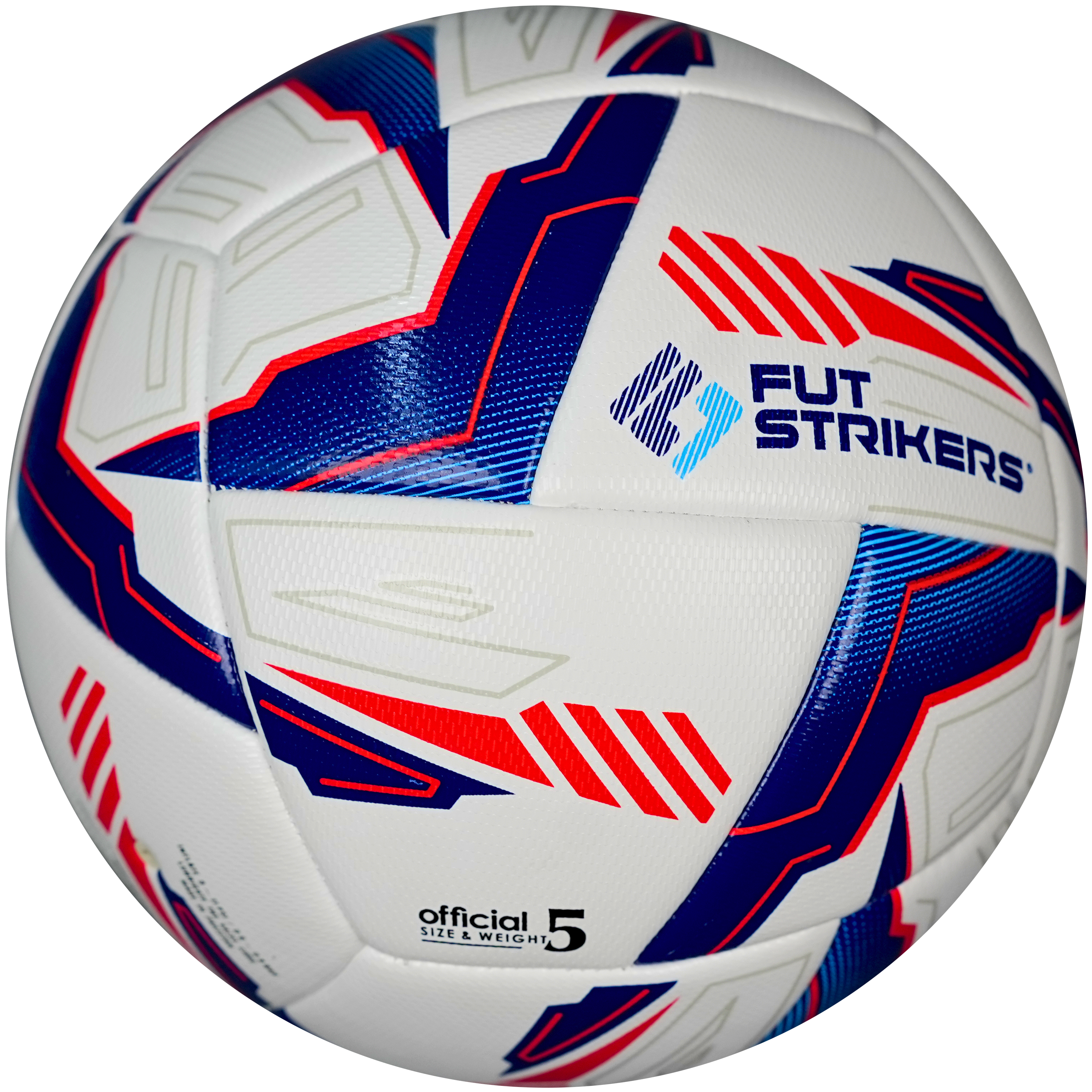 Soccer ball with blue and red patterns on a white background, branded 'Fut Strikers'.