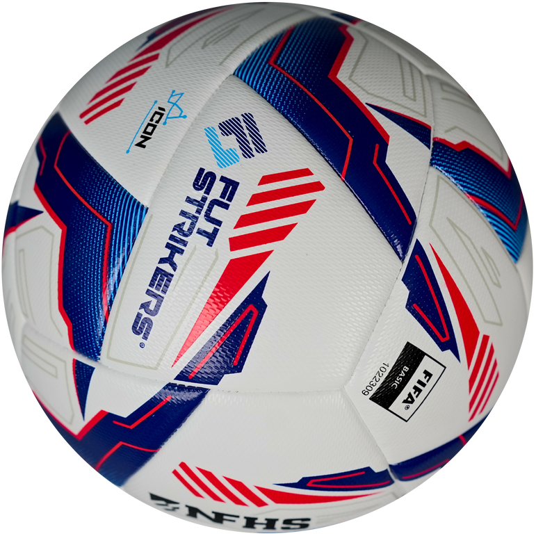 White soccer ball with blue and red patterns on a white background